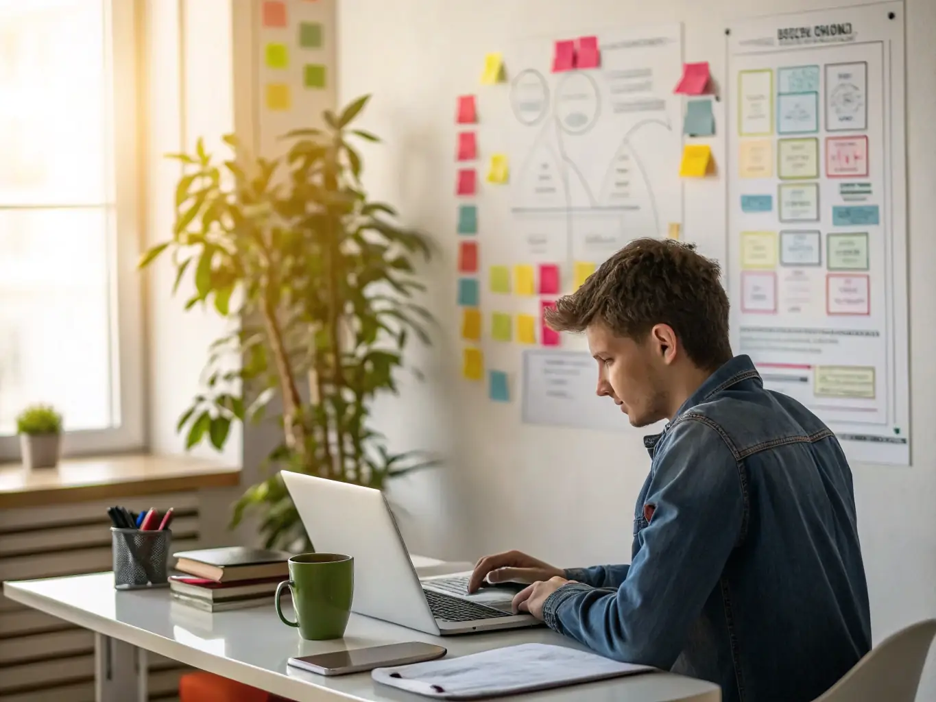 An image of a designer working on a laptop with HTML and CSS code visible on the screen, set in a modern workspace. The designer is focused and the workspace is clean and modern.