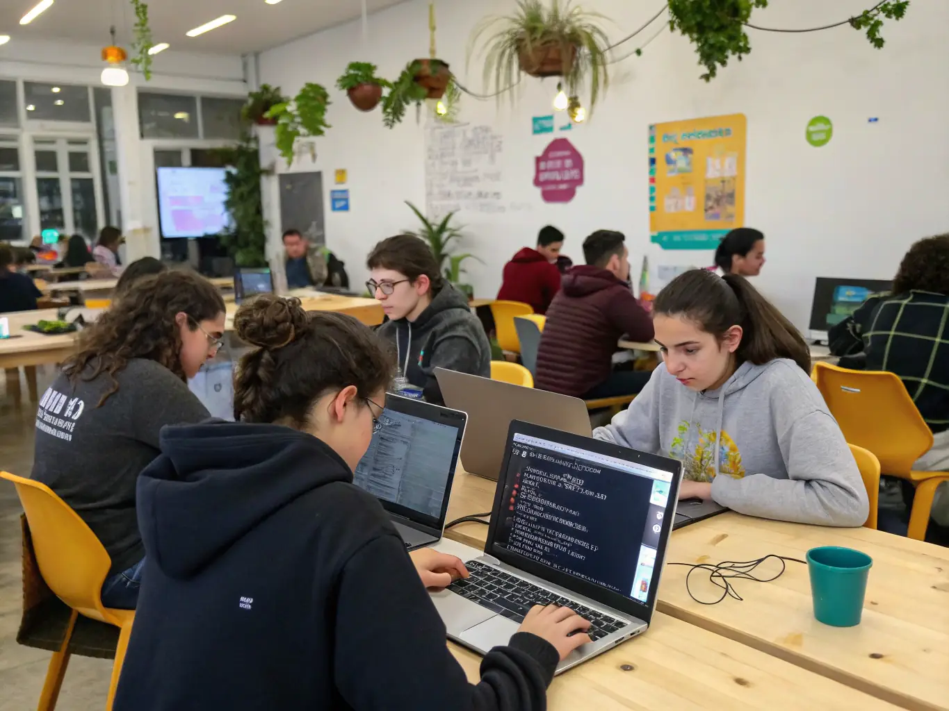 A classroom setting with students learning HTML/CSS on their laptops, with an instructor guiding them. The atmosphere is collaborative and engaging.