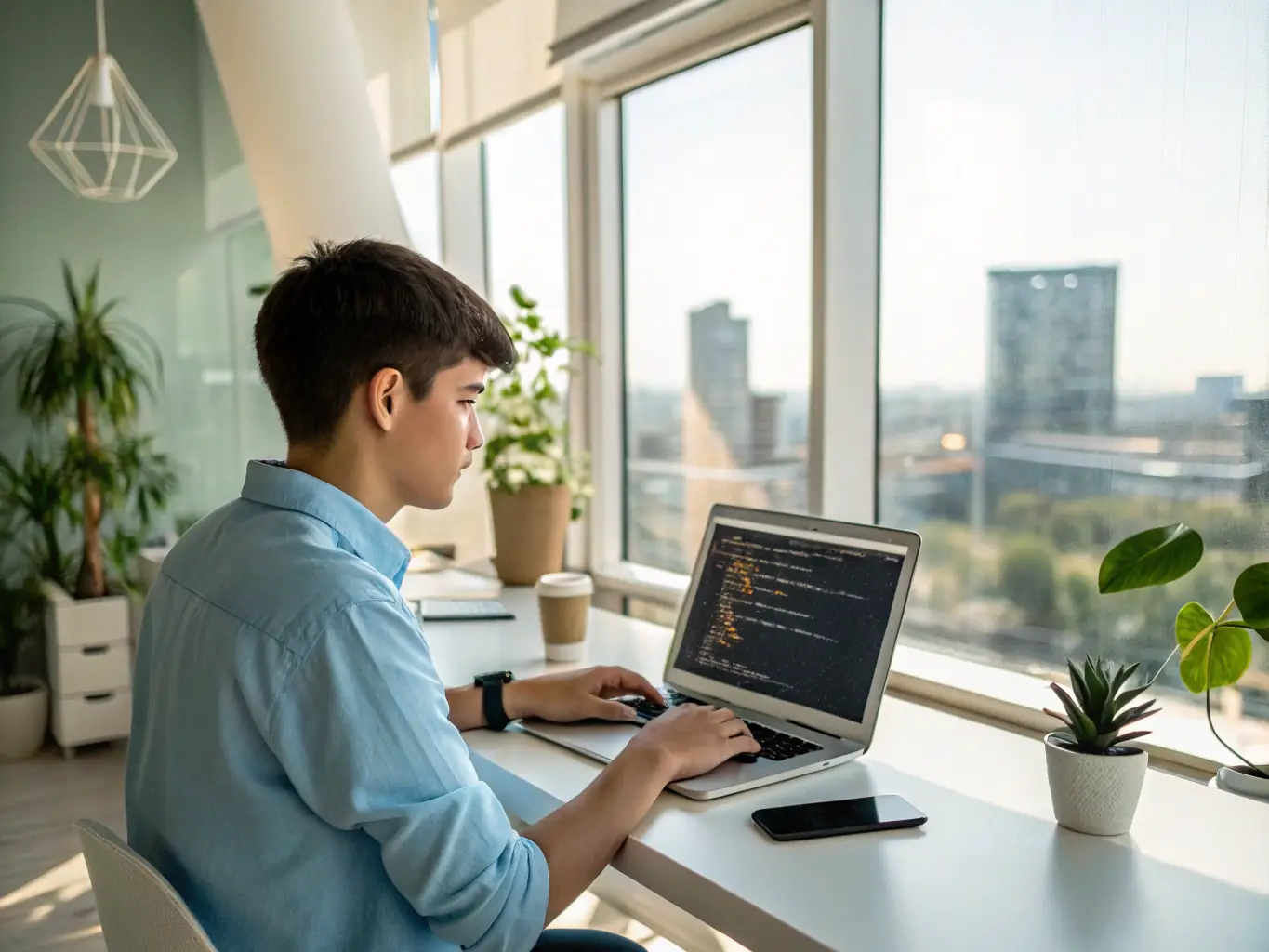 A student is working on a laptop, focused on coding, with a cup of coffee nearby. The scene is well-lit and professional, conveying a sense of focused learning and skill development in HTML/CSS.