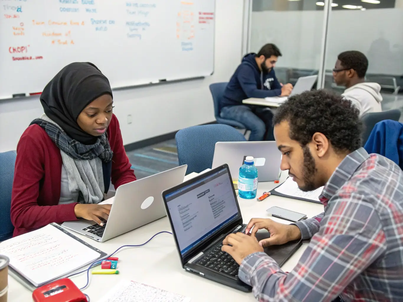 A group of students are collaborating on a web development project, demonstrating teamwork and practical application of HTML/CSS skills. The image emphasizes the collaborative and hands-on learning environment.